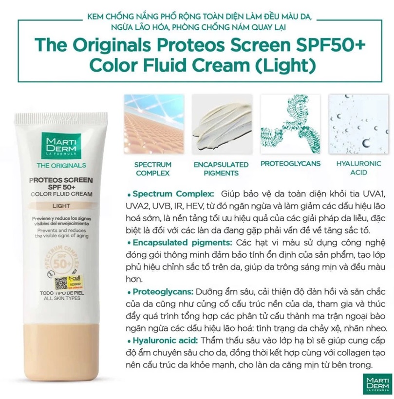 Kem Chống Nắng MartiDerm Light Làm Đều Màu Da - MartiDerm Proteos Screen SPF50+ Color Fluid Cream (Light) (40ml)