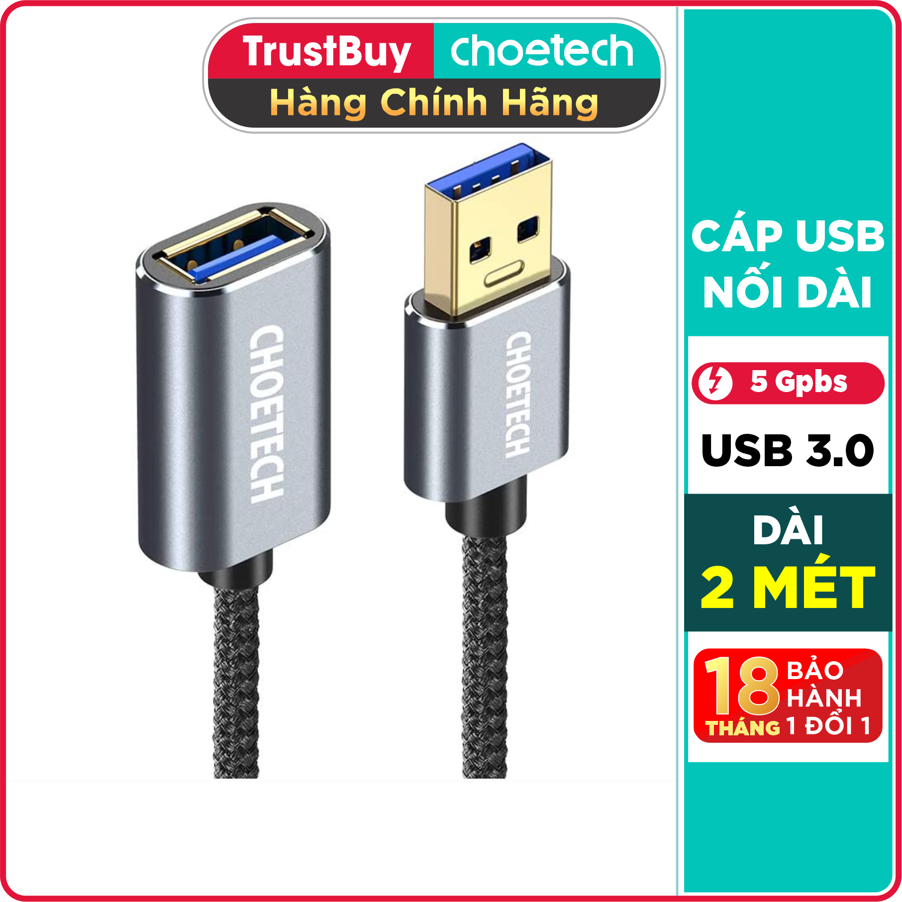 Dây Cáp Nối Dài USB 3.0 Dài 2M CHOETECH XAA001-BK - Hàng Chính Hãng