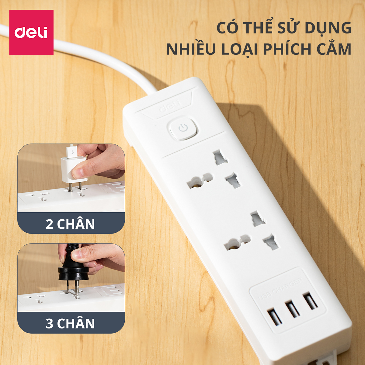 Hình ảnh Ổ Cắm Điện Đa Năng Kèm Cổng USB Có Công Tắc Chống Giật Chống Cháy Chất Lượng Cao Deli - Hàng Chính Hãng - ET407 408