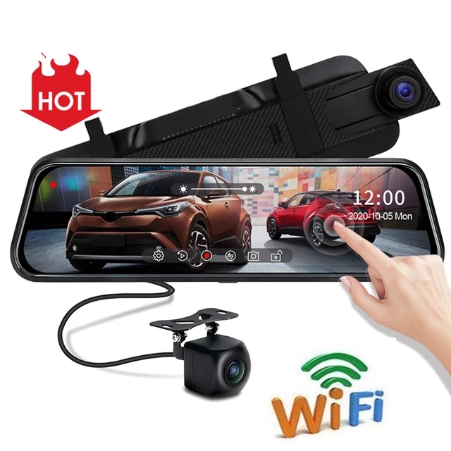 Camera WiFi hành trình ô tô Gương chiếu hậu 9.66 inch Full gương -Màn hình cảm ứng -Kết nối điện thoại video 2K sắc nét - Camera kép trước và sau