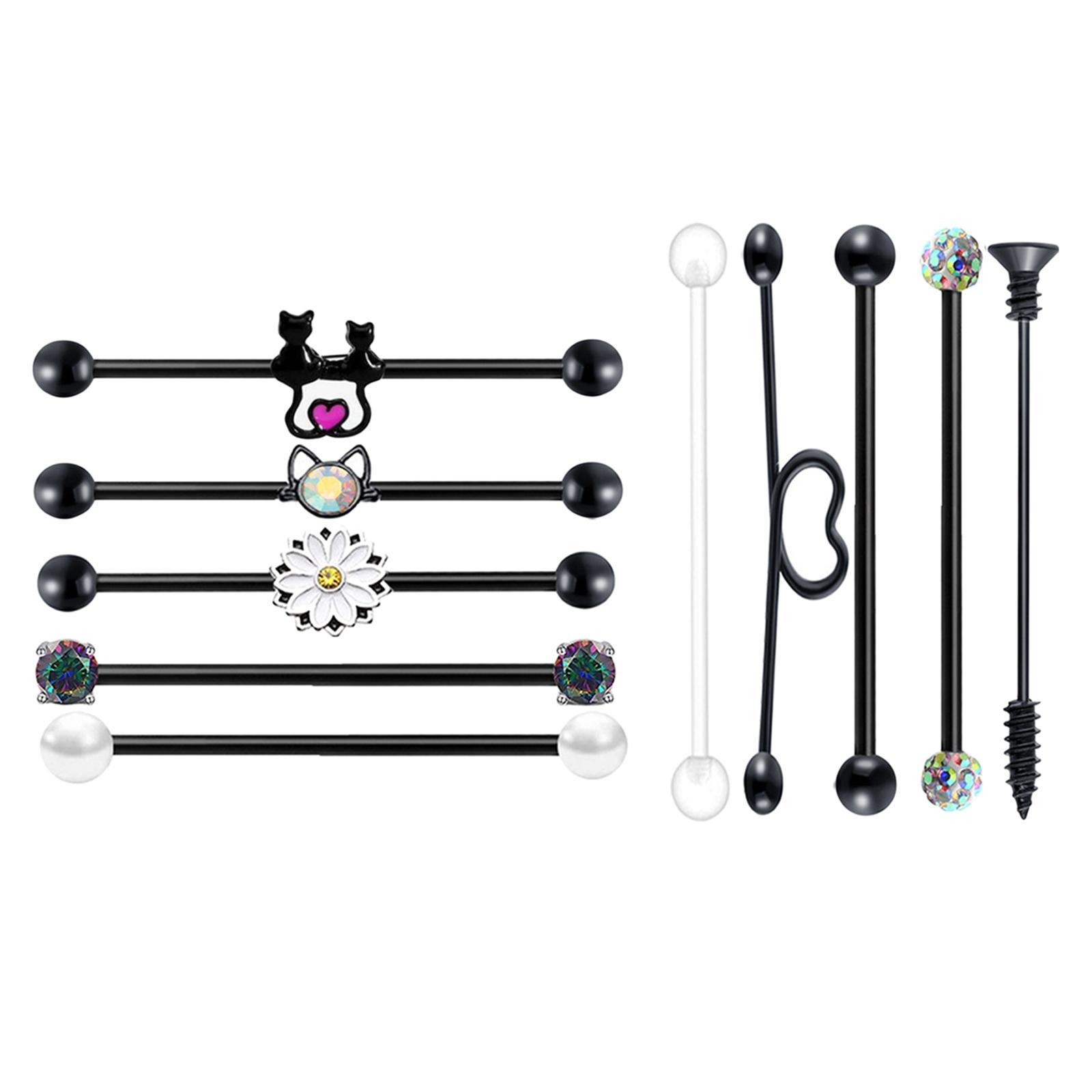 10Pcs Tragus Earrings Stud Industrial Barbell Piercing Bar Ear Earring Stainless Steel Lip Rings Labret Stud Body Piercing Jewelry for Women Men