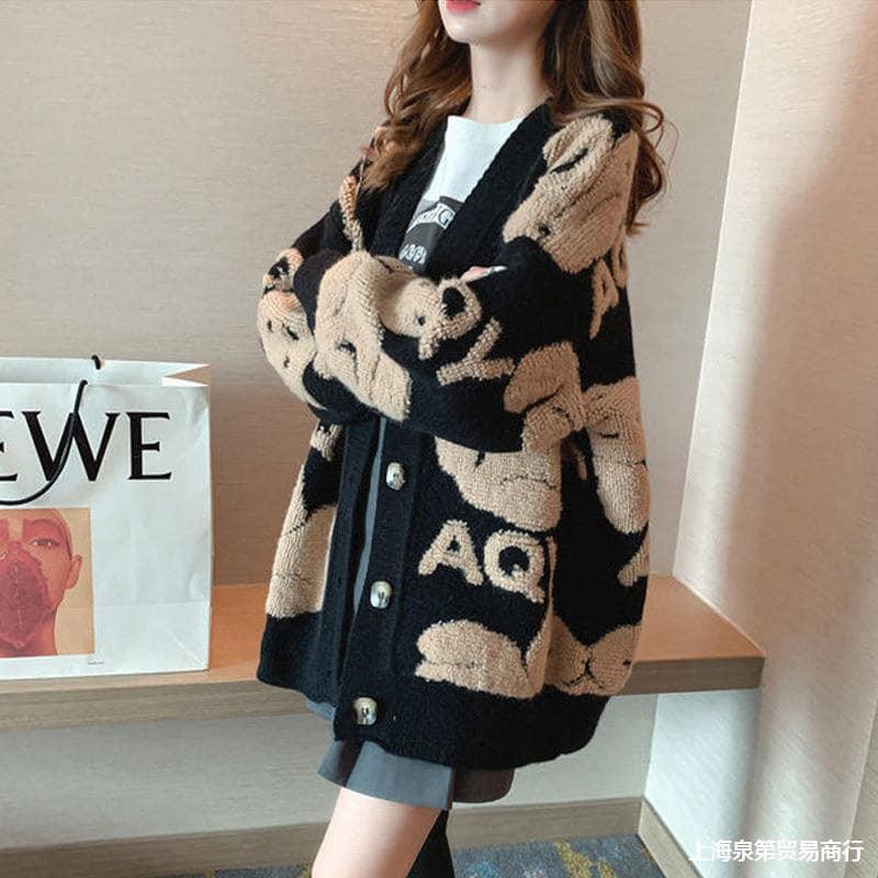 Áo cadigan len ÁO KHOÁC NỮ Cardigan lông thỏ thêu gấu phong cách Hàn Quốc thời trang cho nữ 2022 siêu ấm dày xinh