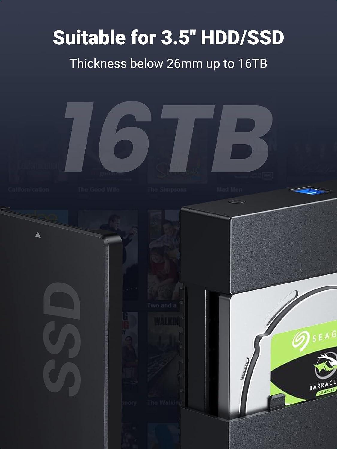 Ugreen UG7040070400TK hỗ trợ ổ cứng đến 16TB có kèm nguồn 12V chuẩn cắm UK Màu Đen Hộp đựng ổ cứng SSD 2.5inch - 3.5 Sata sang U - HÀNG CHÍNH HÃNG