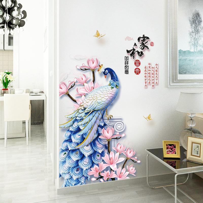 Decal dán tường Chim công xanh và hoa 3D