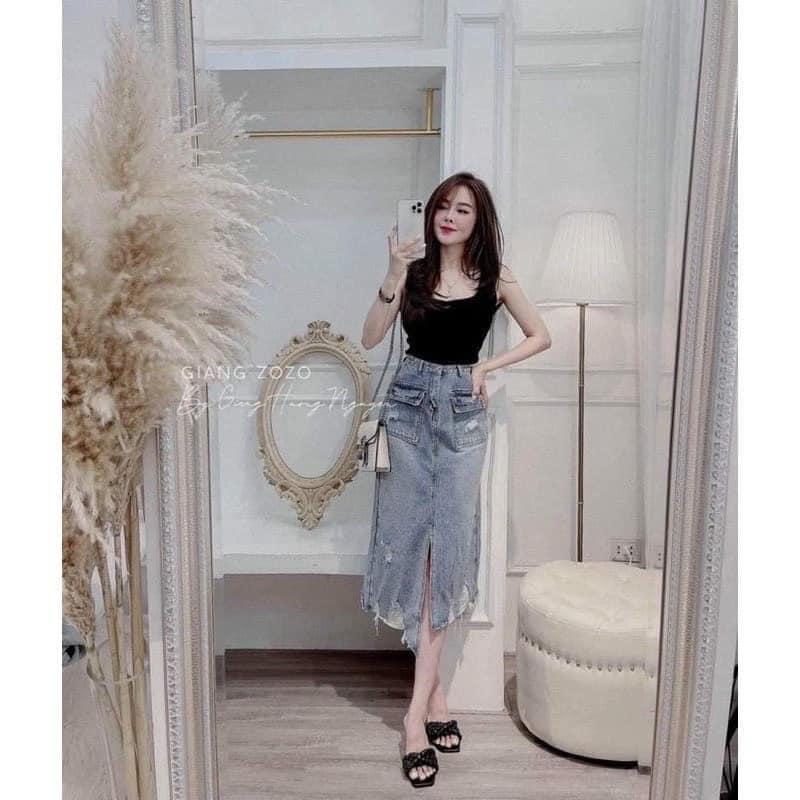 Chân váy bò nữ túi hộp, chân váy rách