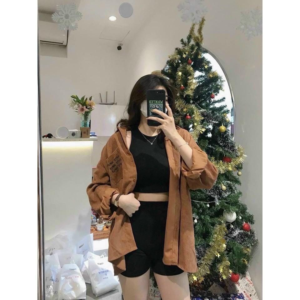 Hình ảnh Áo Sơ Mi NHUNG GÂN TĂM THÊU CUTE GIRLS Form rộng Unisex Nam/Nữ Phong Cách Hàn Quốc Ulzzang NUPAKACHI