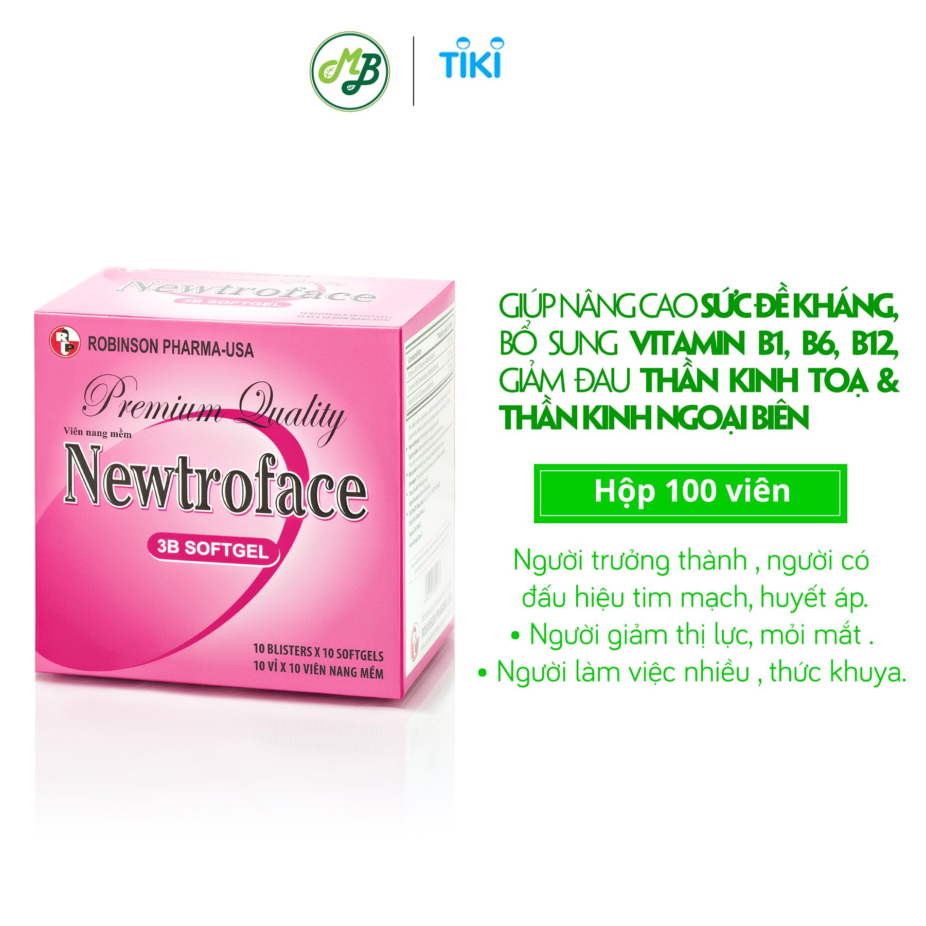 Viên uống TPCN NEWTROFACE viên nang mềm - Robinson Pharma usa - giúp nâng cao sức đề kháng,bổ sung vitamin B1,B6,B12 - hộp 100 viên