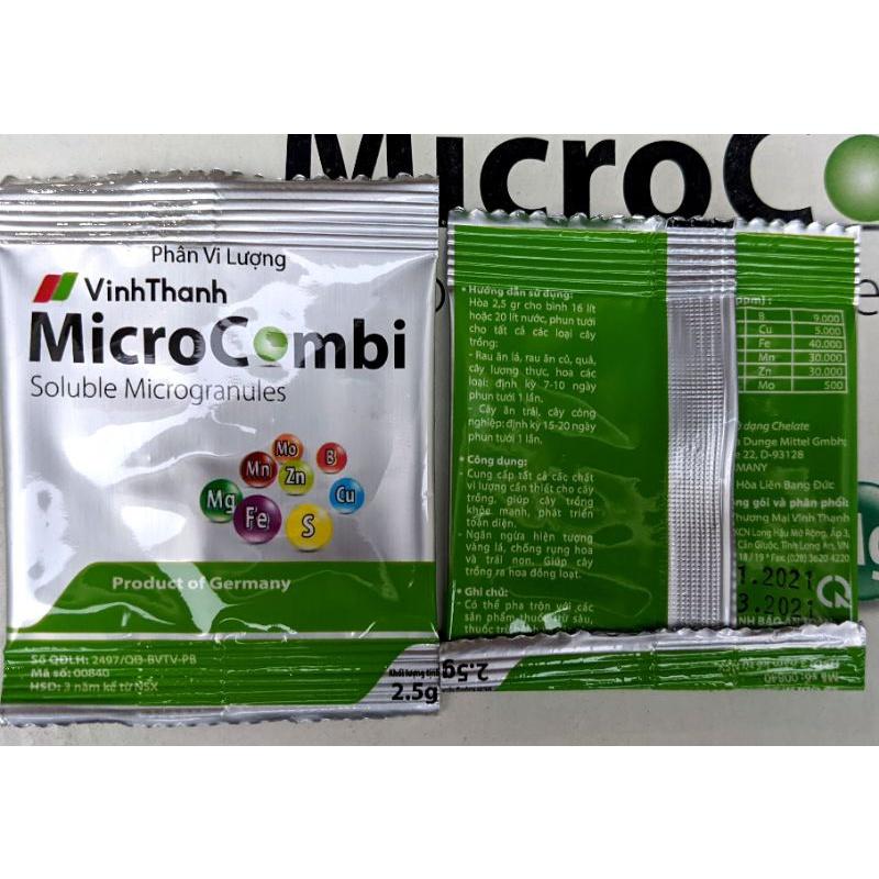 Phân bón vi lượng Micro Combi 2,5g.Bổ sung vi lượng cho cây còi cọc, vàng lá, xoăn ngọn.Giúp cây xanh lá, nở ngọn, mở lá