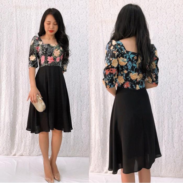 Đầm xòe họa tiết hoa tay lửng