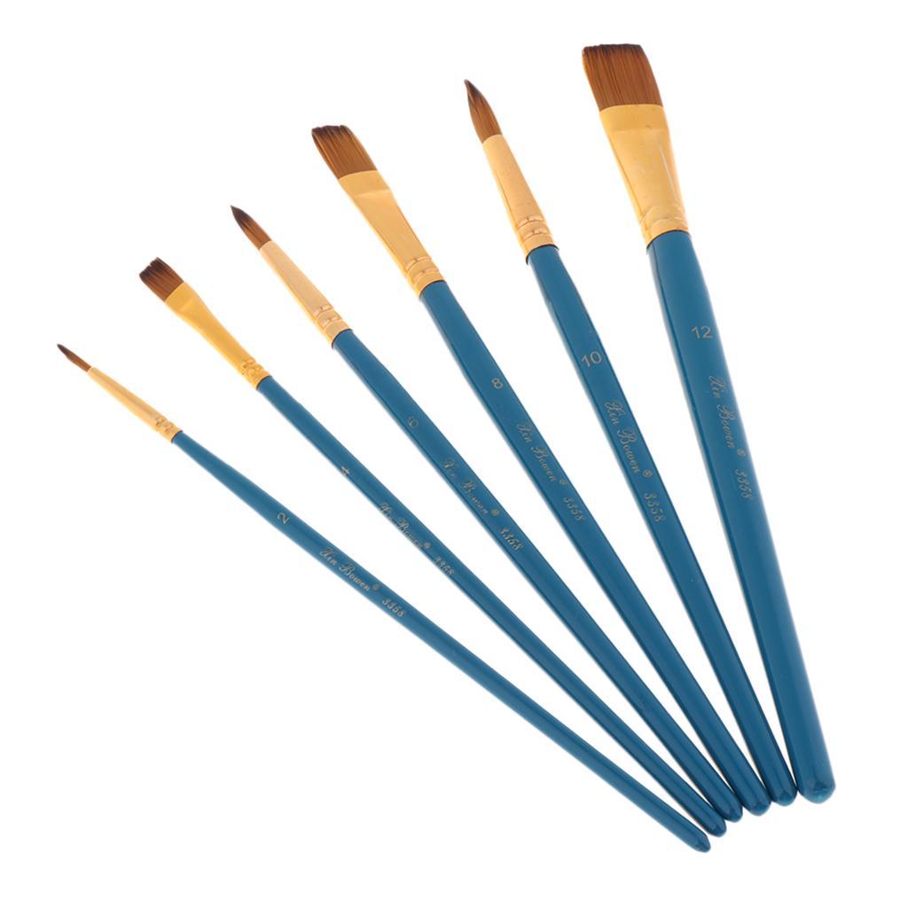 6 Pieces Wooden Flat Round Pointed Tip Nylon Hair Artist Paint Brushes for Art Painting, Acrylic Watercolor Oil, Nail Art, Miniature Painting