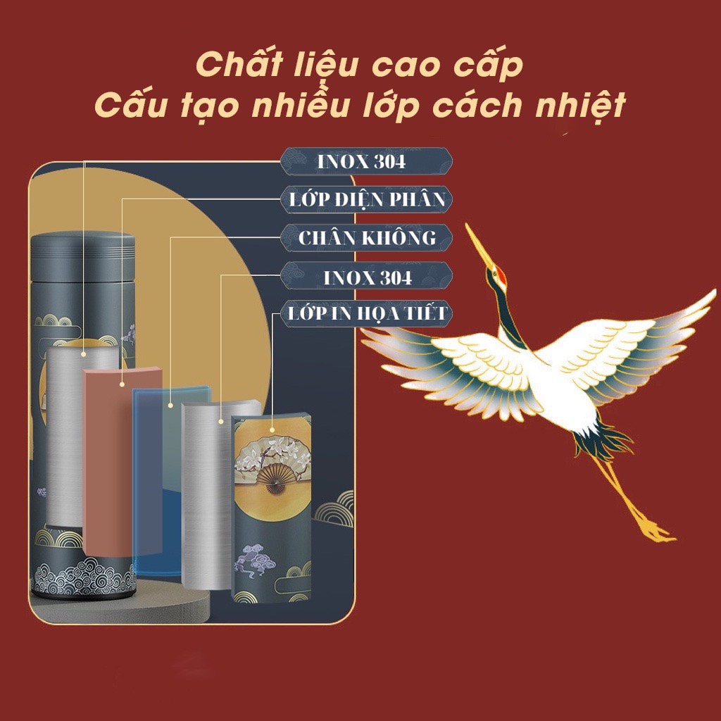 Bình Nước Giữ Nhiệt 500ml Bằng Thép Không Gỉ 304 Hai Lớp Có Màn Hình Kỹ Thuật Số Hiển Thị Nhiệt Độ Cảm Biến 1 Chạm