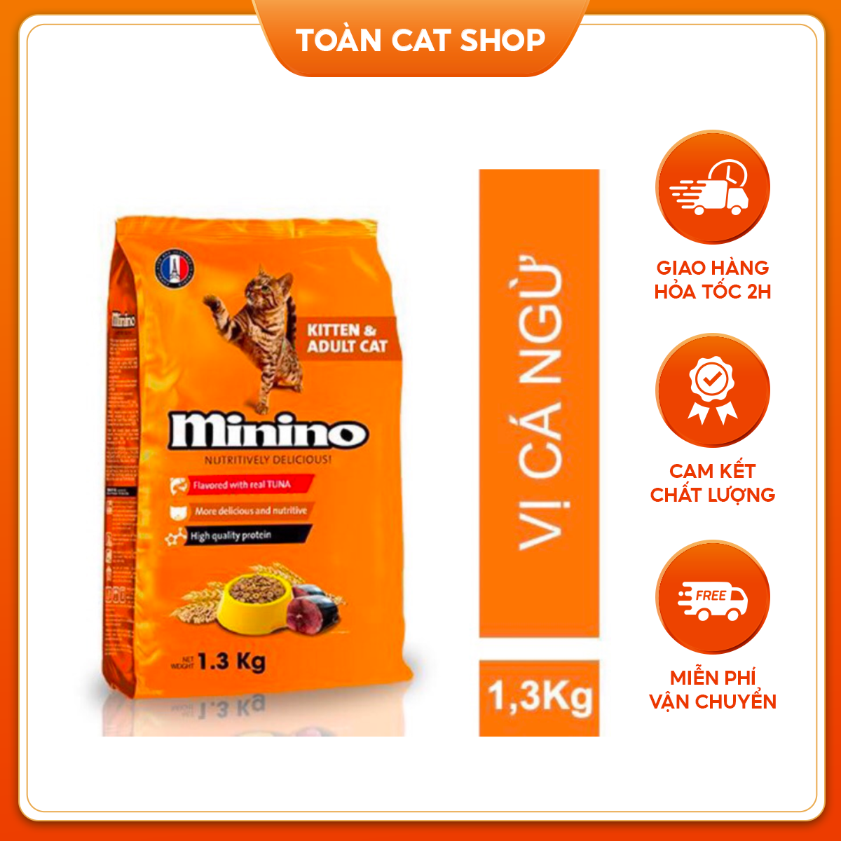 Thức Ăn Hạt Khô Minino Tuna Gói 1.3kg Vị Cá Ngừ Cho Mèo Mọi Lứa Tuổi