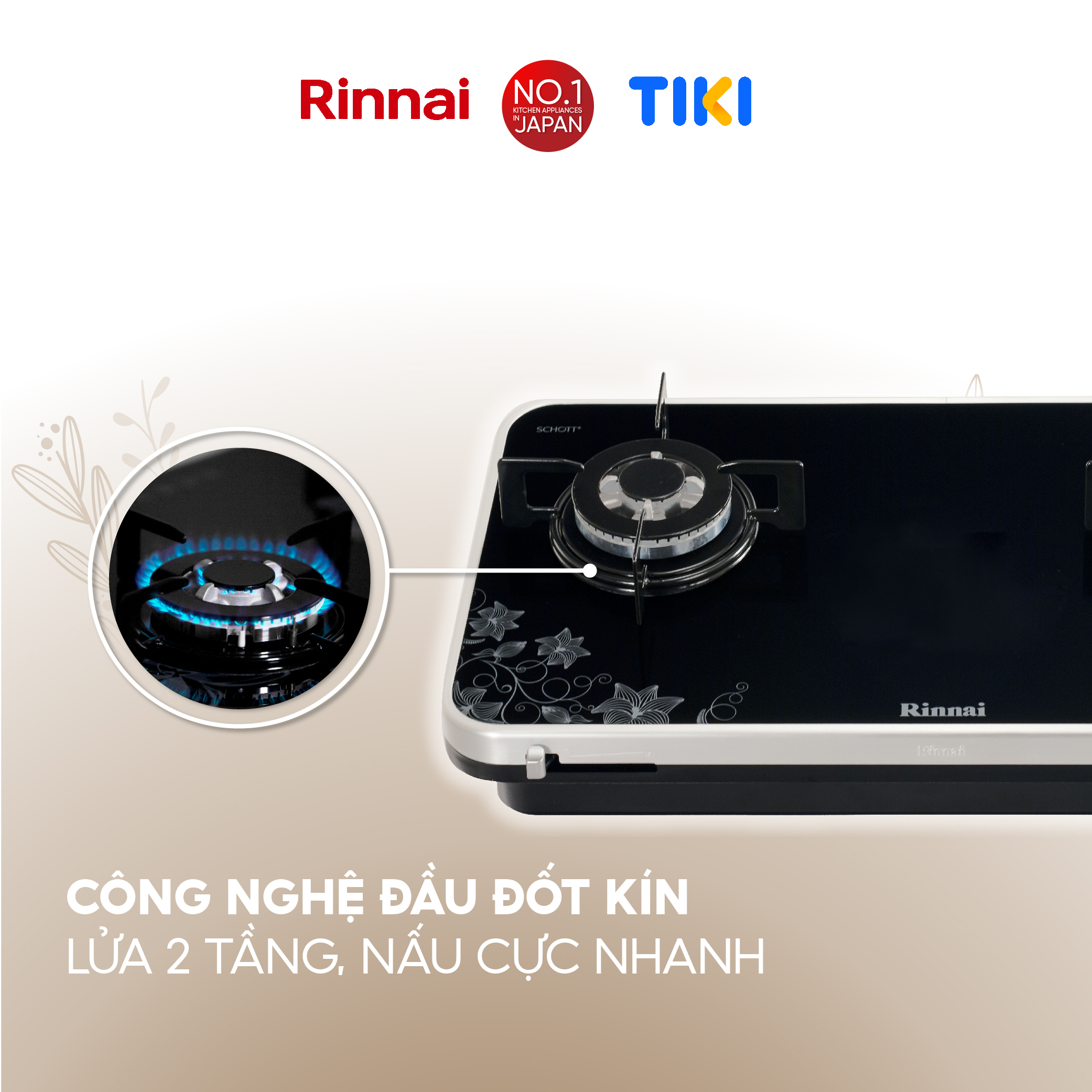 Bếp gas âm Rinnai RB-7902S-GBS(F) mặt bếp kính Schott và kiềng bếp men - Hàng chính hãng