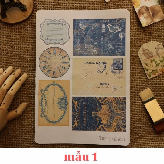 Sticker tự cắt Blue mix ephemera - sticker vintage dán, trang trí sổ nhật kí, sổ tay | Bullet journal - kc003