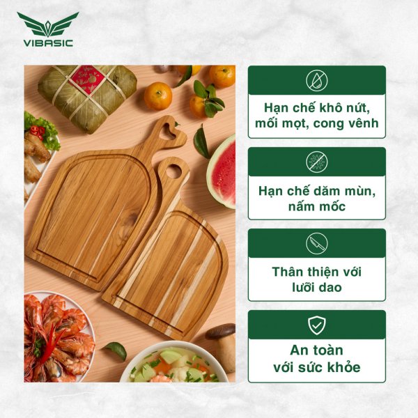 Bộ thớt Uyên ương gỗ Teak Vibasic 400x220x18mm và 340x220x18mm | cắt thái và trang trí món ăn