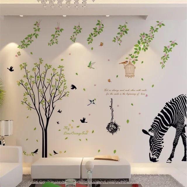 BỘ COMBO DECAL GHÉP ĐÔI dán tường - Thân Cây Chim Đen kết hợp Ngựa Vằn và dây leo lá hoa