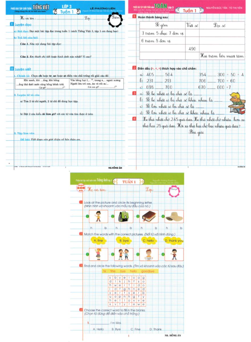 Combo Phiếu Bài Tập Cuối Tuấn Môn Toán + Tiếng Việt + Tiếng Anh Lớp 3 (Biên Soạn Theo CT GDPT Mới) (Bộ 3 Cuốn) - (HA)