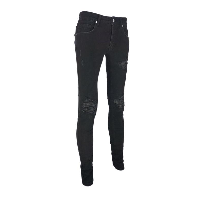 Quần Jean Nam The Luyn Black Màu Đen Rách Lỗ Lớn Gắn Da Bike Chất Cotton Co Giãn Không Phai Màu