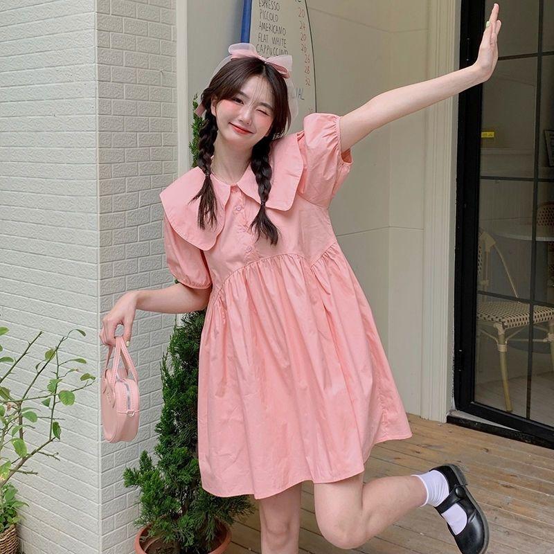 SHUANGYAN Búp bê cổ áo đầm thiếu nữ mùa xuân và mùa hè thiết lập ngọt ngào bong bóng tay áo rộng thùng thình hiển thị gầy mối tình đầu ngắn áo sơ mi váy