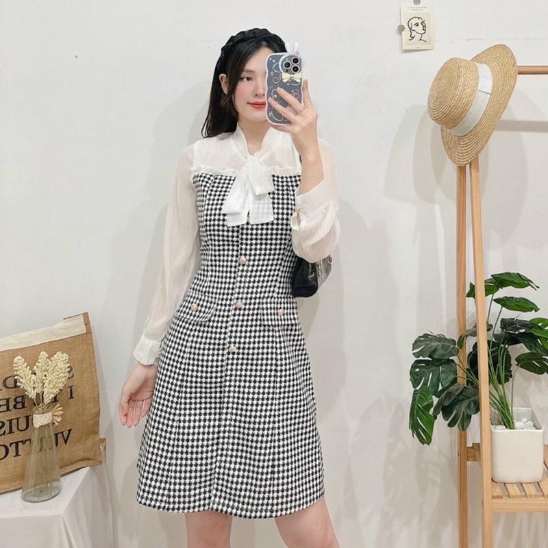 FREE SHIP Đầm thiết kế dạ kẻ phối voan thanh lịch sang chảnh KGIA DS