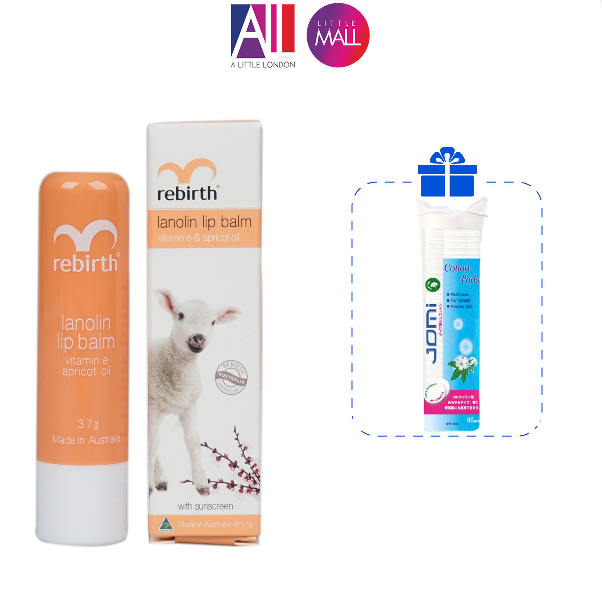 Son dưỡng môi nhau thai cừu ngừa khô và nứt nẻ Rebirth lanolin lip balm 3.7g TẶNG bông tẩy trang Jomi (Nhập khẩu)