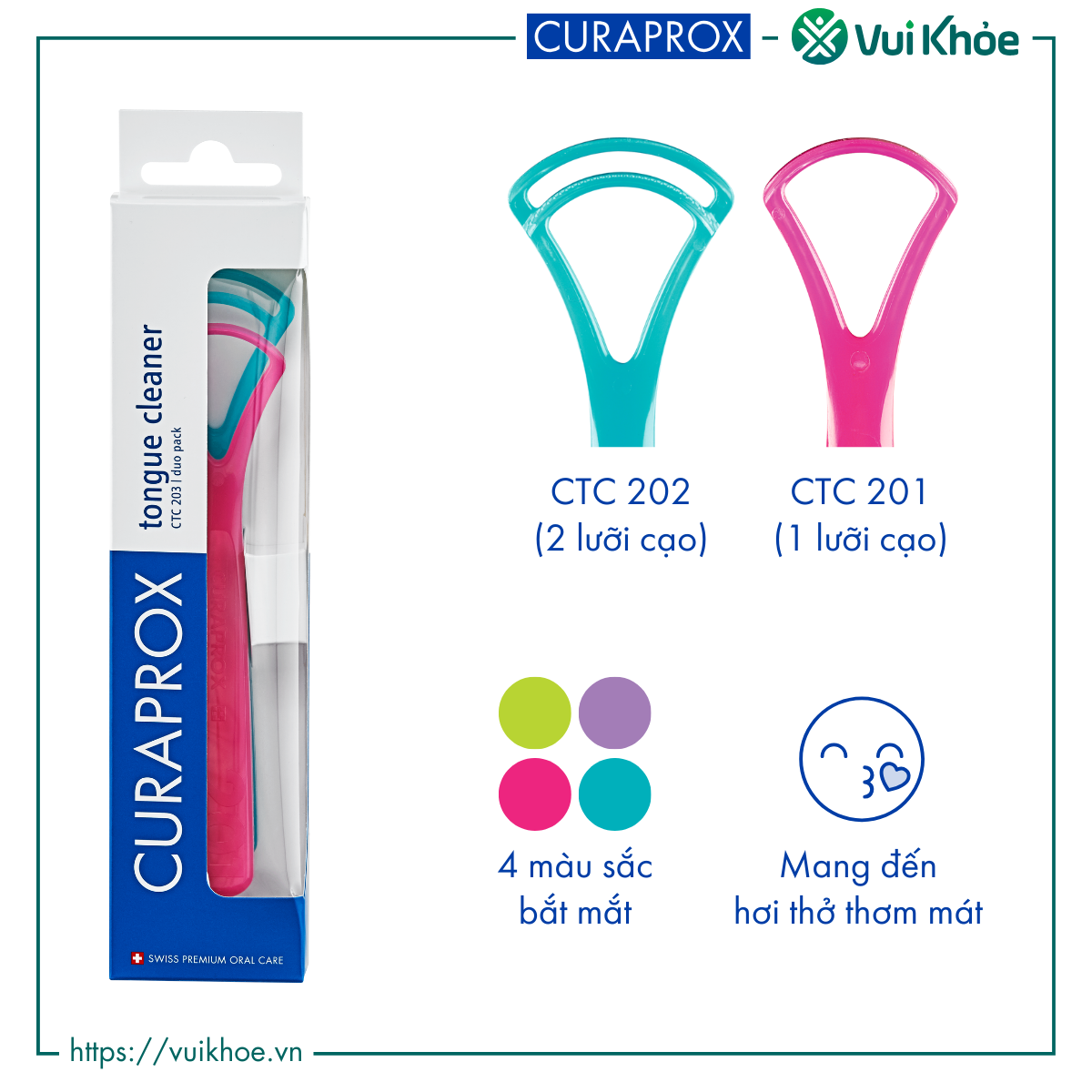 Bộ 2 cây cạo lưỡi Curaprox CTC 203 (Gồm 1 cây CTC 201 và 1 cây CTC 202) - Chăm sóc răng miệng từ Thụy Sỹ