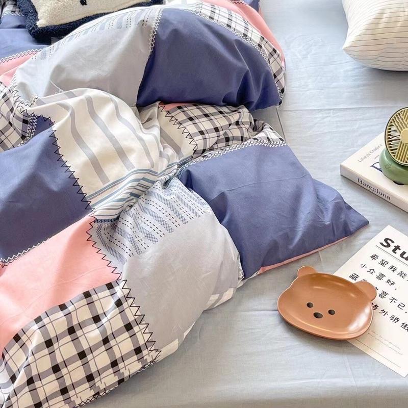 Bộ Chăn Ga Gối Cotton Living 100%Cotton Hàng Nhập Khẩu Cao Cấp 4 Món Kẻ Ô Hiện Đại