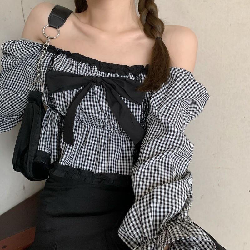 Áo sơmi caro trễ vai thắt nơ Ulzzang
