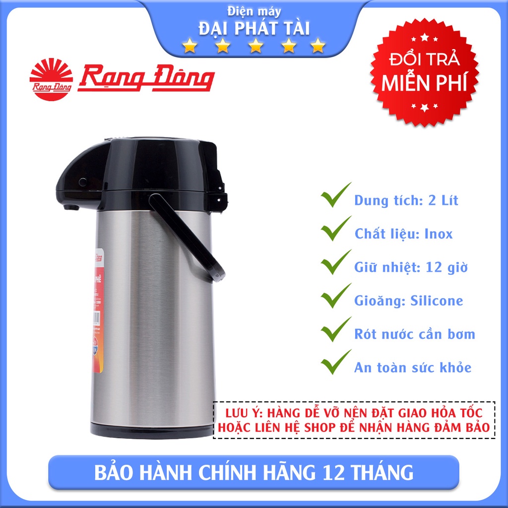 Phích Bơm Nước Cao Cấp Rạng Đông Model 2045St1.E - Chính Hãng, Thân Inox, Vai Nhựa, Dạng Cần Bơm, Dung Tích 2 Lít