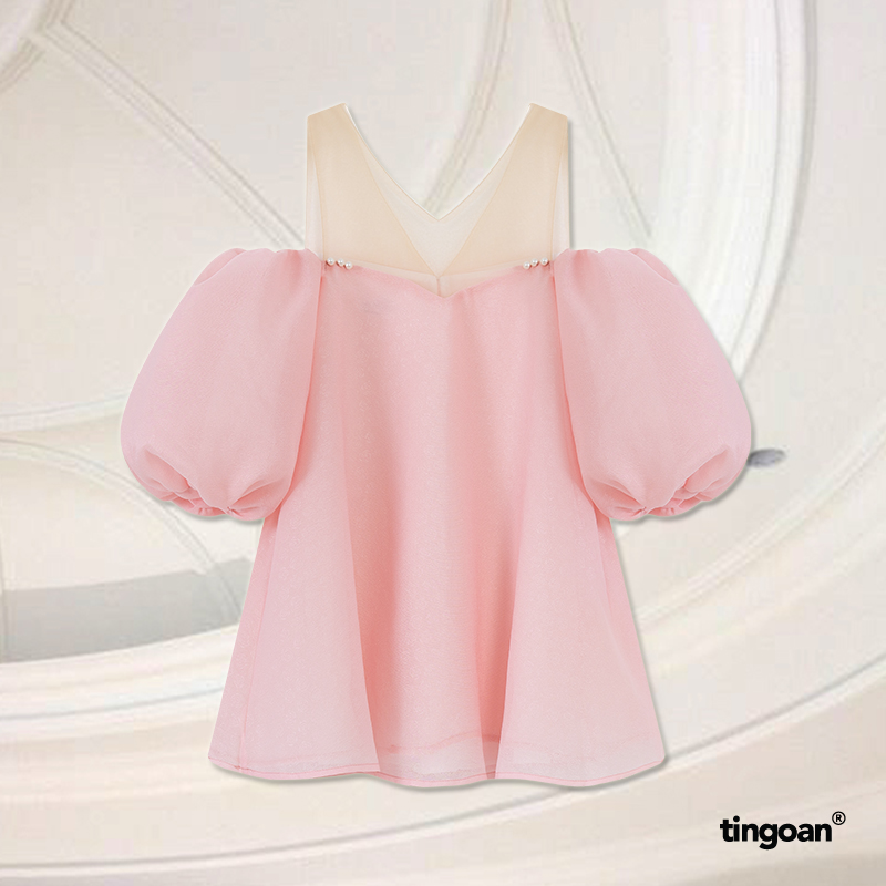 Áo trễ vai babydoll phối lưới vân hoa hồng hồng 3 lớp vải ROSIE ANGLES TOP/PK