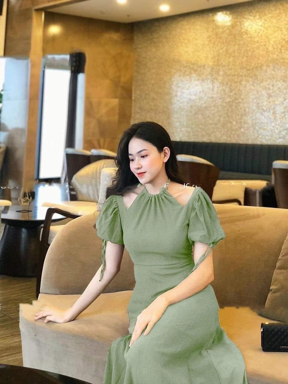 ( ẢNH THẬT )Đầm Cổ Yếm Rớt Vai Tay Phồng Nhẹ Hottrend