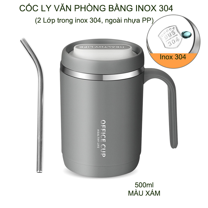 Cốc ly uống cà phê, trà 500ml cho dân văn phòng, loại 2 lớp trong inox 304 ngoài nhựa PP kèm ống hút