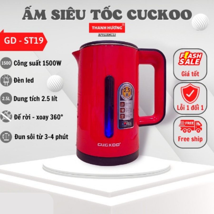 Ấm siêu tốc đun nước Cuckoo công suất cao 1500W tự ngắt điện khi sôi, 2 lớp cách nhiệt dung tích 2.5L, bảo hành 12 tháng - Ấm siêu tốc