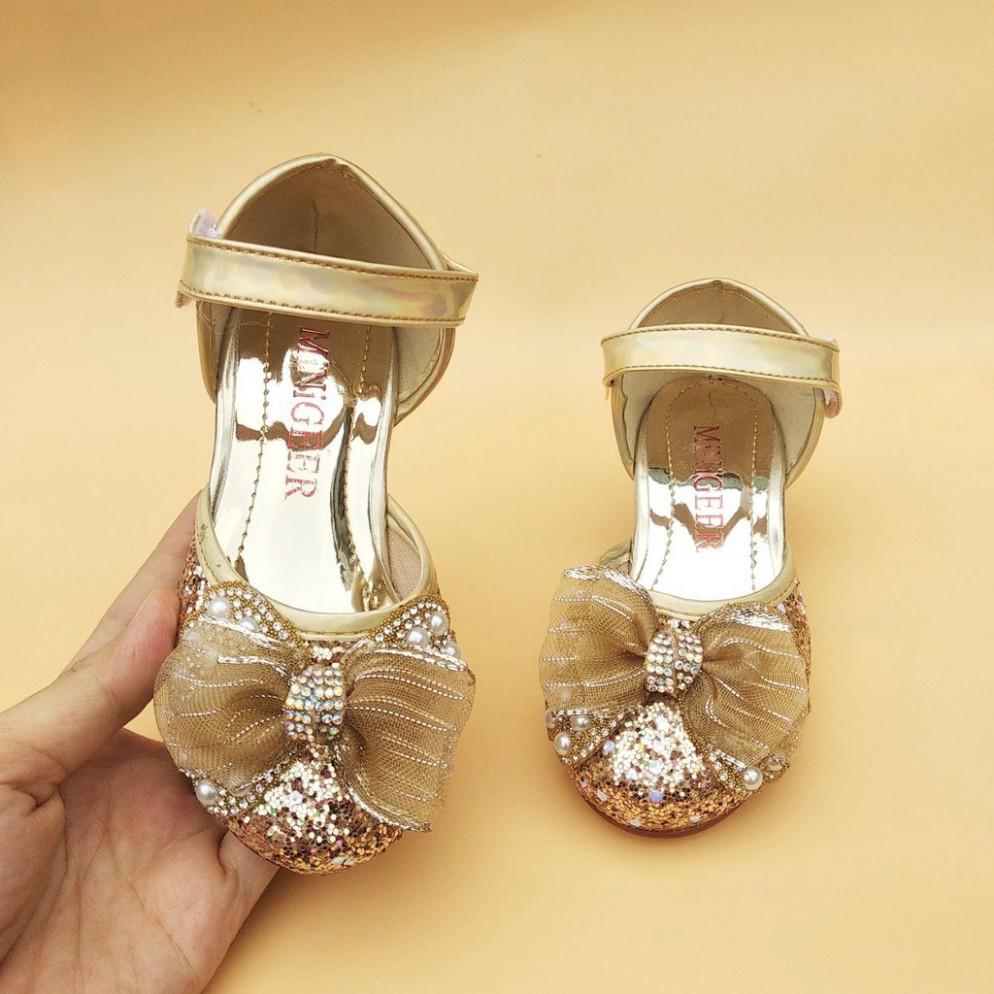 Giày Sandal bé gái - Giày cao gót 2cm kim tuyến đính nơ