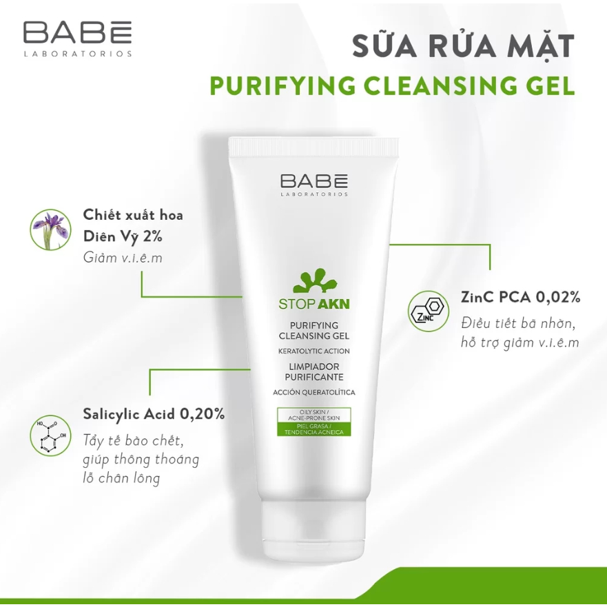 Sữa rửa mặt BABE Stop Akn Purifying Cleansing gel cho da dầu mụn 200ml