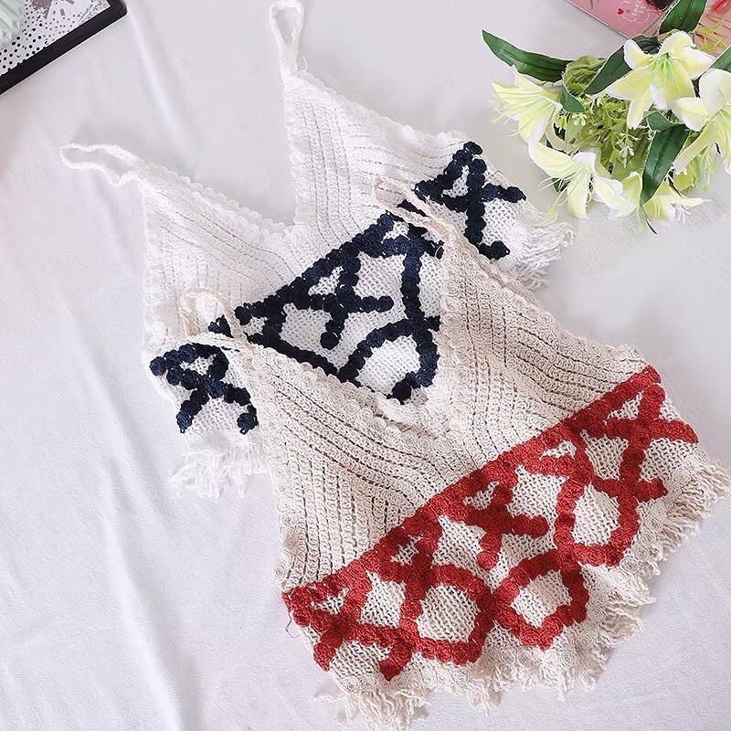 Áo 2 dây 2s len móc tua rua đi biển thêu chữ X