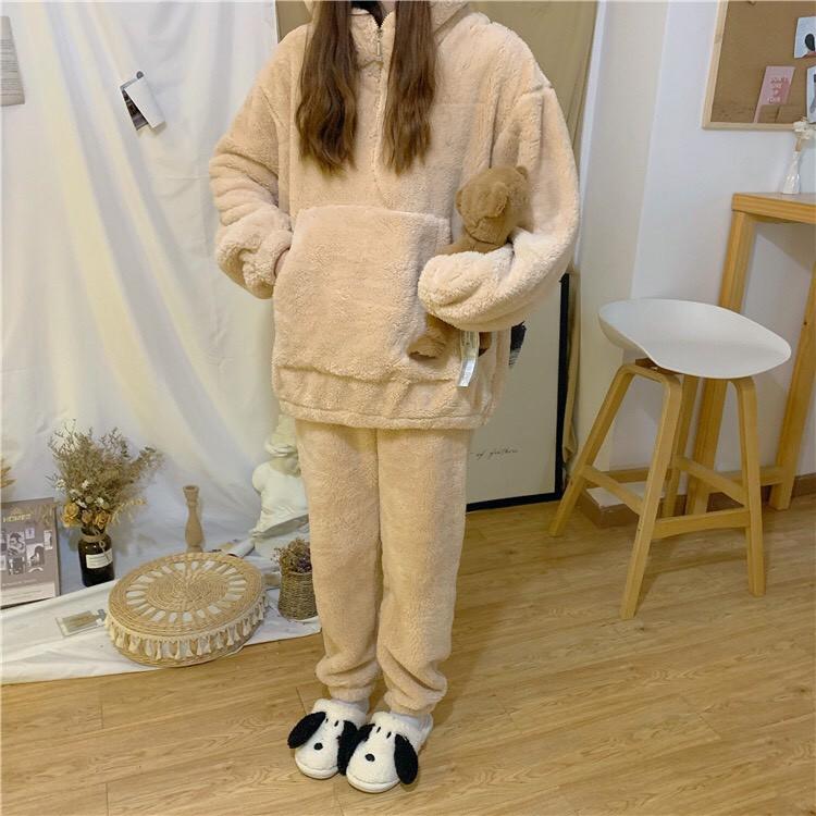 Set Nỉ Bông Cosplay Gấu Nữ - Rere.Store - Bộ quần dài dáng suông kèm áo hoodie tai gấu bánh bèo