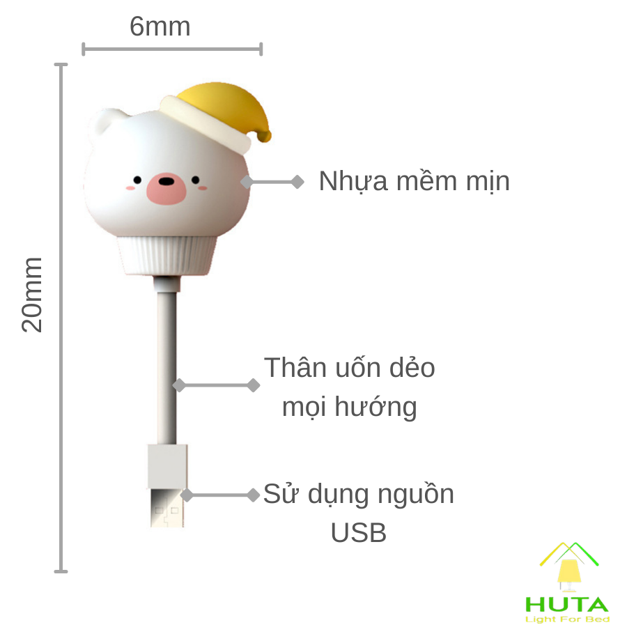 Đèn Ngủ Gấu Mini HUTA Cute Dễ Thương, Đầu Cắm USB, Uốn Dẻo Tiện Lợi, Hình Thú Dễ Thương Ánh Sáng Vàng, An Toàn Cho Bé