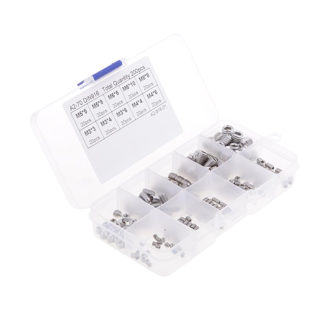 New 200pcs Stainless Steel Head Socket Hex Set Grub Screw Assortment Kit M3-M8