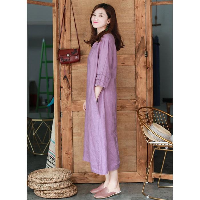 Đầm suông linen cổ tim chồng tay lỡ - Tím nhạt