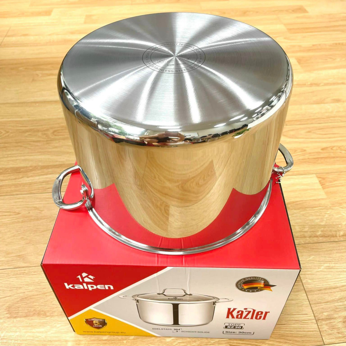 Nồi luộc gà Inox 3 lớp liền khối Kalpen Kazler đường kính 30cm dung tích 14L, đáy từ vung kính, chuẩn Đức - Hàng chính hãng