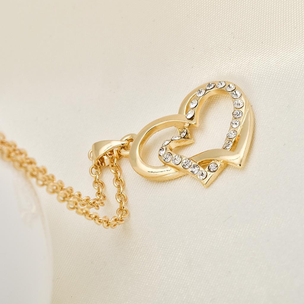 New Bridal Double Heart pendant Crystal Necklace Clavicle Chain Jewelry Gold