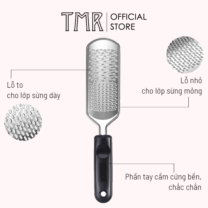 Bàn chà gót chân TMR inox có 2 mặt trong 1 cây (2 in 1) loại mới rất bén hiệu quả cho vùng da bị chai dày