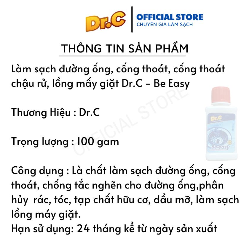 Bột Thông Tắc Đường Ống, Cống Thoát, Chậu Rửa, Vệ Sinh Lồng Giặt Dr.C CHÍNH HÃNG - Be.Easy