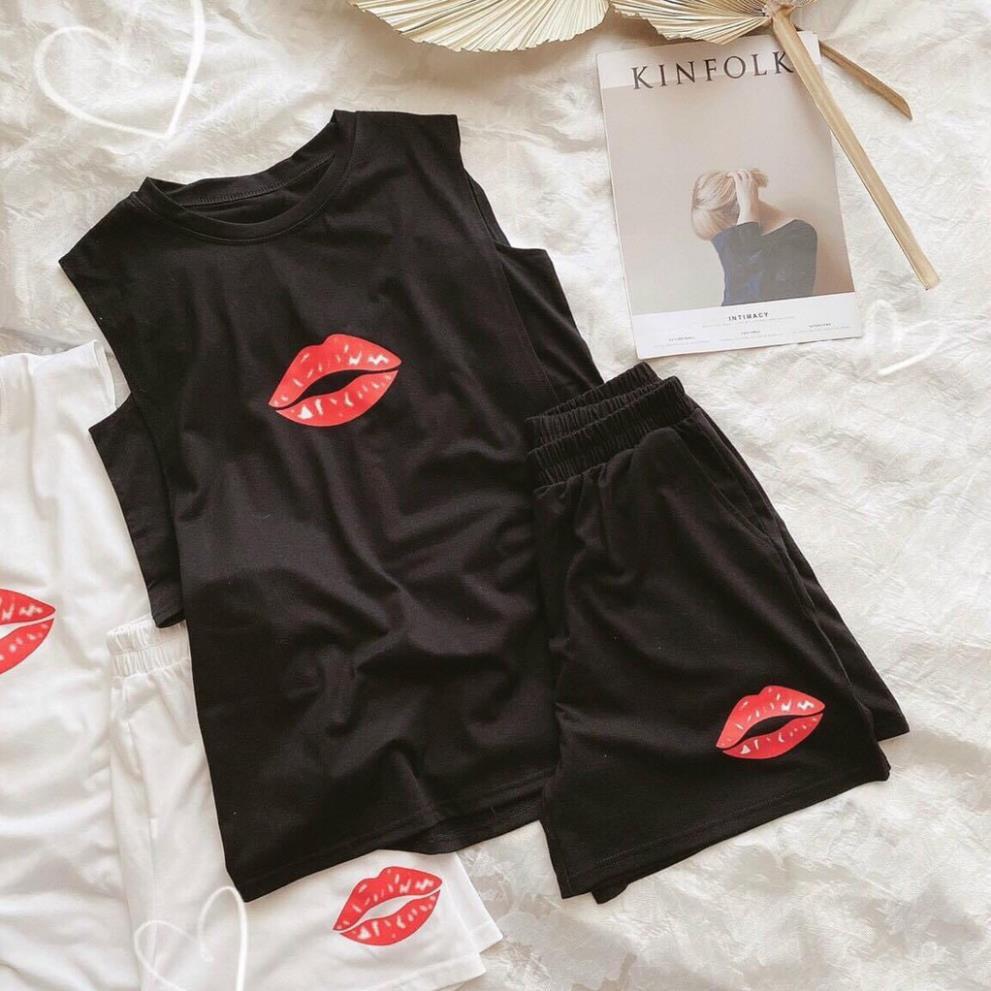 Bộ TankTop Nữ In Hình Đôi Môi ,Áo 3 Lỗ Quần Đùi Nữ Dáng Rộng 2 Màu X080