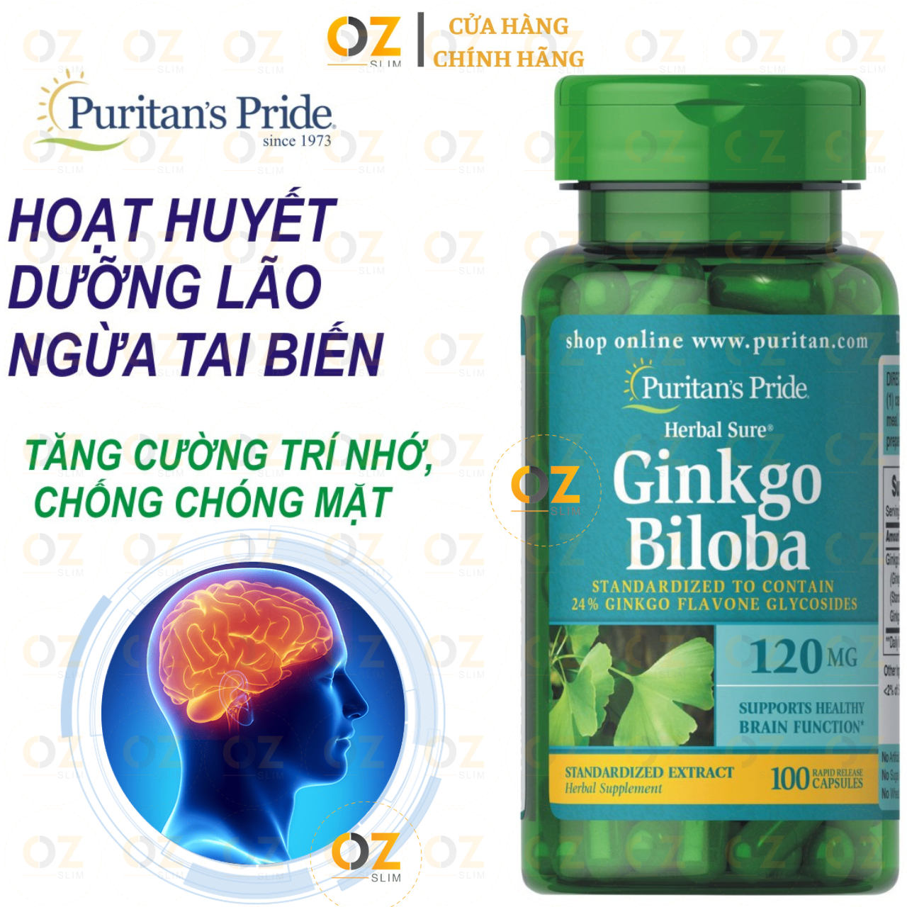 Bổ não Puritan's Pride Ginkgo Biloba Mỹ tăng lưu thông máu não, giảm đau đầu, tăng trí nhớ, giúp an thần, ngủ khỏe và giảm Stress - OZ Slim Store