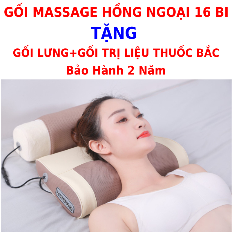 Gối mát xa massage hồng ngoại 16 bi cao cấp thế hệ mới, trị liệu cổ, vai ,gáy, cột sống lưng chất liệu da, vải chống thấm nước + tặng kèm gối lưng + gói trị liệu ngải cứu