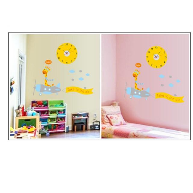 Decal Trang Trí Tường Kèm Đồng Hồ Dán Tường Hươu Cao Cổ Lái Máy Bay