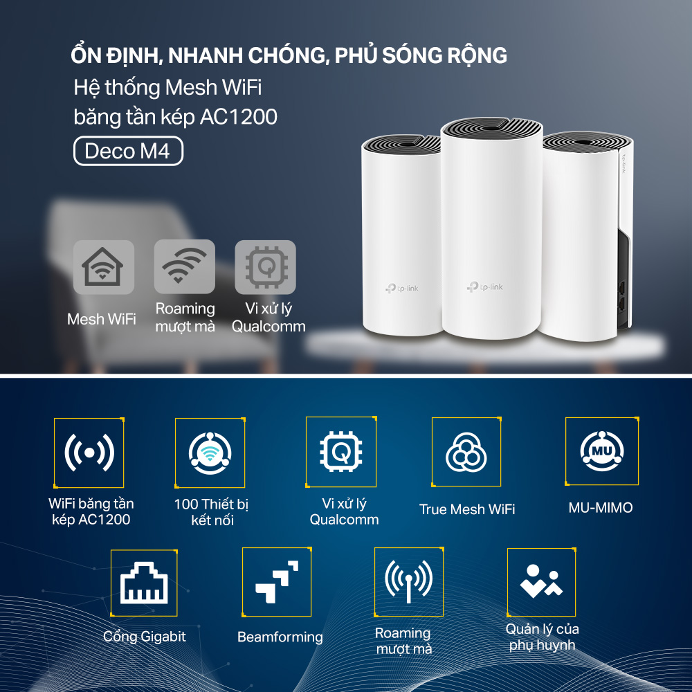 Bộ Phát Wifi Mesh TP-Link Deco M4 (3-pack)  Băng Tần Kép MU-MIMO AC1200 - Hàng Chính Hãng