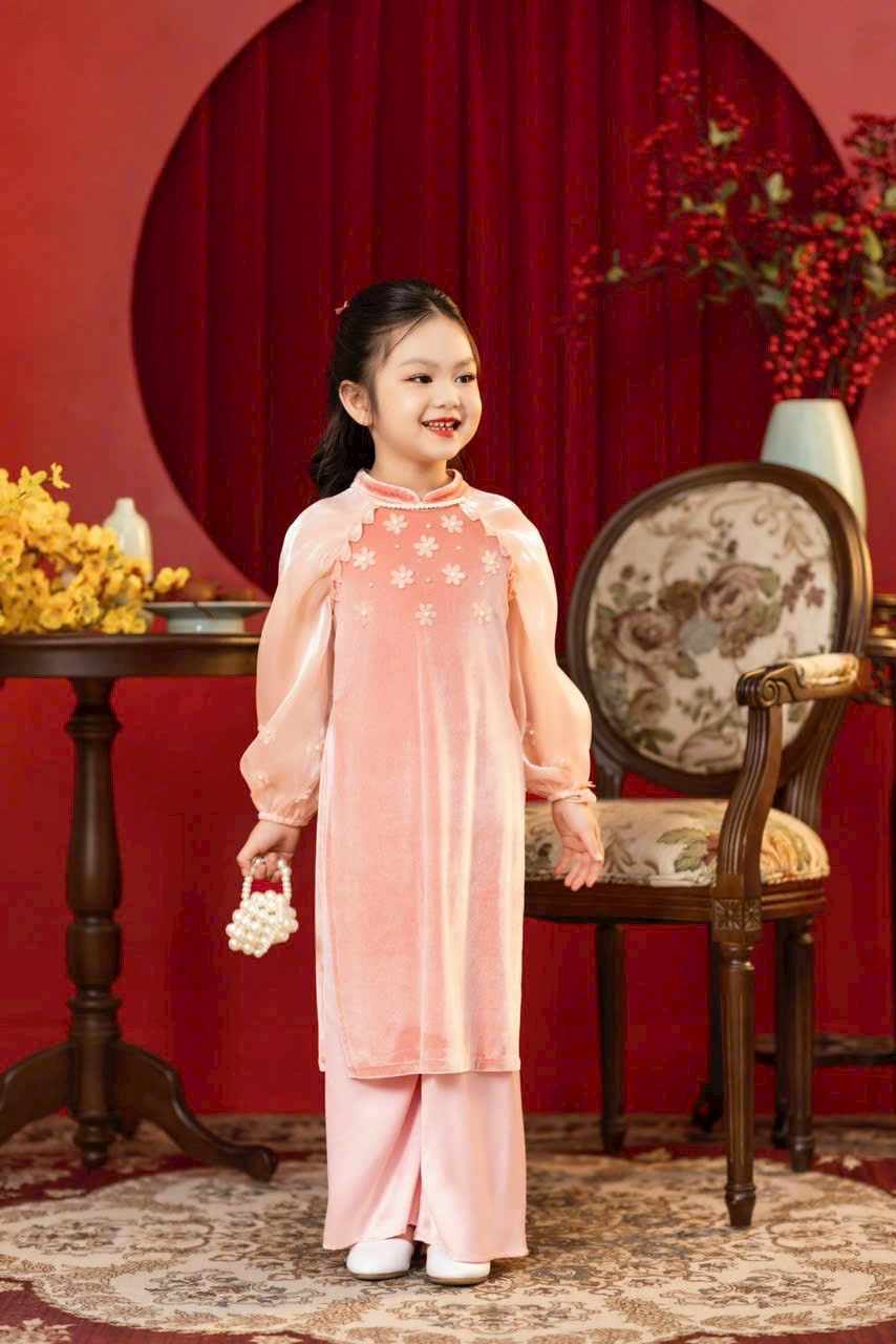 Áo dài cách tân bé gái, Set áo dài tết cho bé 1-10 tuổi đính hoa tay voan hàng thiết kế điệu đà thời trang